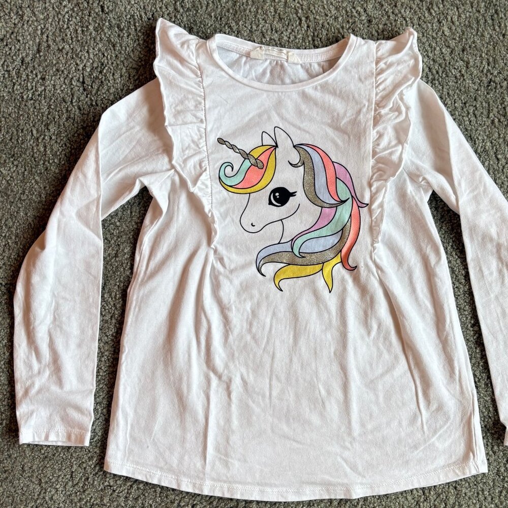 H&M Girls Unicorn Ruffle Long Sleeve Top 8/10 White Graphic Tee